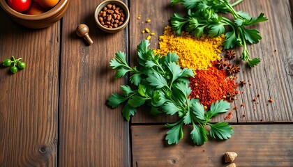 Rustic wooden table with scattered fresh herbs and spices,  appetizing,  cooking