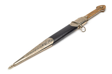 Ornate antique  dagger in sheath  isolated on white background