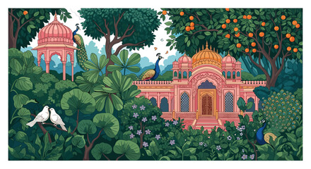 Whimsical Indian Palace Garden with Peacocks, Doves, Lush Foliage and Blooming Trees: A Harmony of Architecture and Nature's Beauty