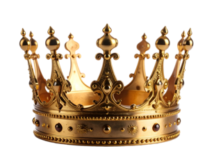 A beautifully crafted golden crown adorned with intricate designs and sparkling jewels, symbolizing royalty and power.