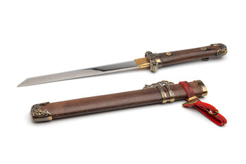 Ornate antique  dagger and sheath  isolated on white background
