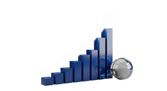 Sleek 3D deep blue bar graph, financial growth, upward arrow, polished metallic sphere on transparent background, 45-degree angle, high-end business success concept