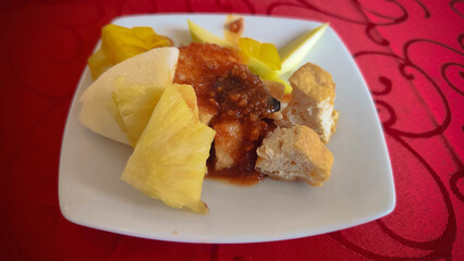 Plate of Rujak with Fruits and Peanut Sauce