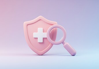Healthcare Security and Investigation Pink Shield with White Cross and Magnifying Glass for Medical Research
