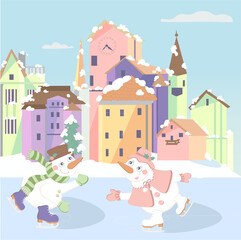 Naklejka premium Christmas card, two ice skating cartoon snowmen. Skating happy snowman's.
