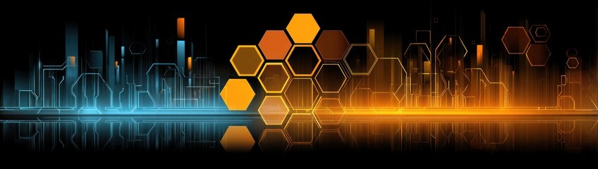 A futuristic cityscape, rendered with orange and teal hexagons, lines, and glowing light effects, creates a dynamic and technologically advanced ambiance.