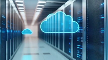 A futuristic data center featuring server racks with glowing blue cloud icons, symbolizing cloud computing and digital storage technology.