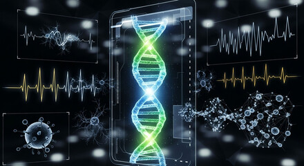 Futuristic medical technology concept with dna helix, virus, and ecg waveforms displayed on a digital interface for scientific research