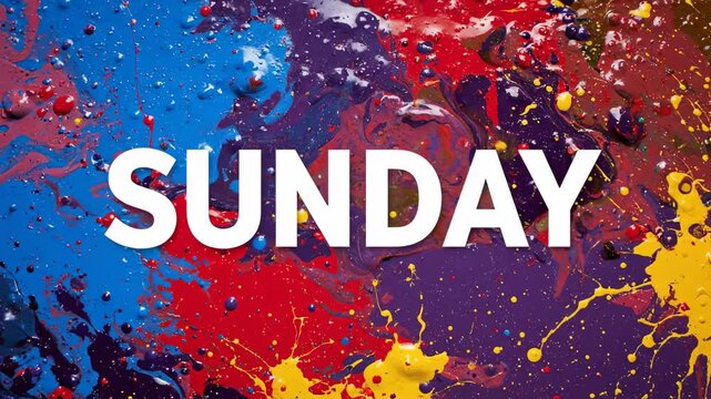 Sunday: Vibrant Paint Splatter Background - Bold white "SUNDAY" text overlays a dynamic background of colorful paint splashes and splatters in red, blue, purple, and yellow.