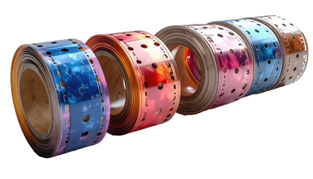 Rolled film reels in various colors