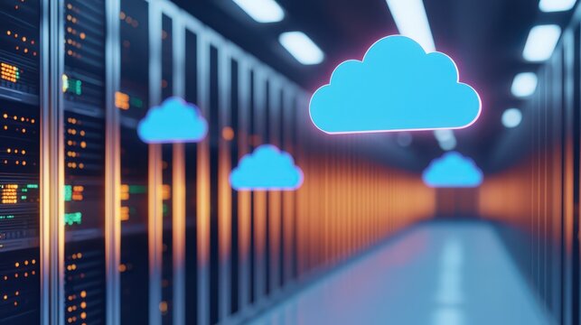 A digital server room with glowing servers and blue cloud icons, representing cloud computing and data storage technology. - Powered by Adobe