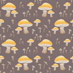 Seamless Pattern of Hand Drawn Yellow Mushrooms on Brown Background