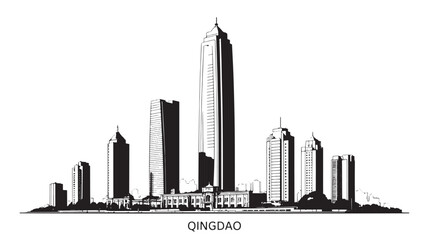 Obraz premium Qingdao Cityscape Silhouette Vector Illustration Showcasing Urban Skyline with Buildings and Design