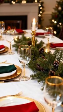 Elegant dining table set for festive celebration, adorned with red and green napkins, sparkling glassware, golden plates, and lush greenery, creating a warm and inviting holiday atmosphere