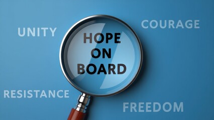 Magnifying glass highlighting hope on board with unity courage resistance and freedom text on blue background  
