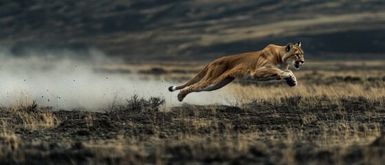 Cougar in motion a majestic leap across grassland