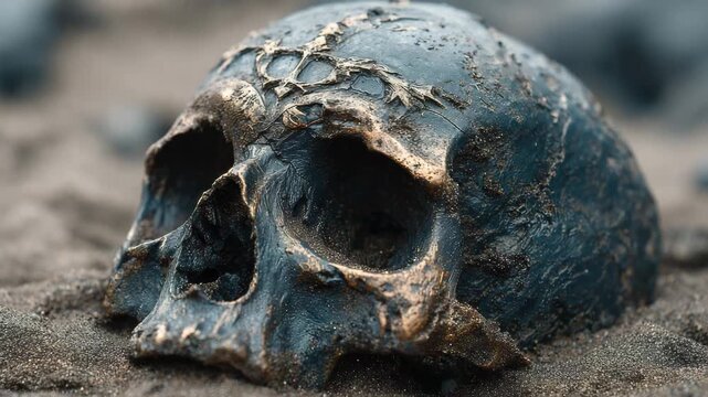 Dark Bronze Skull in Sand Close Up