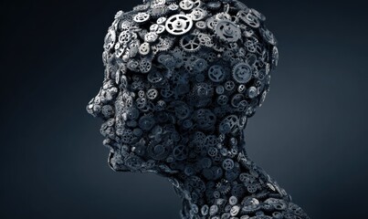 A profile view of a human head composed of intricate gears and mechanical parts, showcasing a complex and thought-provoking design.