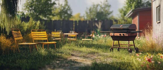 Rustic garden barbecue scene with yellow chairs and sunlight