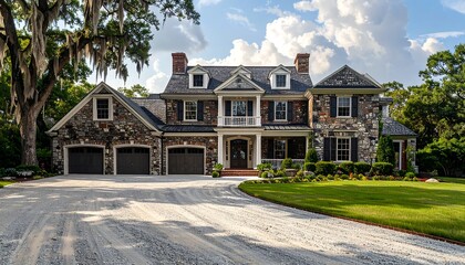 Naklejka premium A stately residence with a grand facade, featuring a stone exterior, three-car garage, and manicured landscaping.