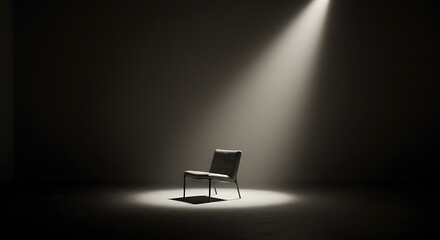 Single chair illuminated by spotlight in dark studio setting  