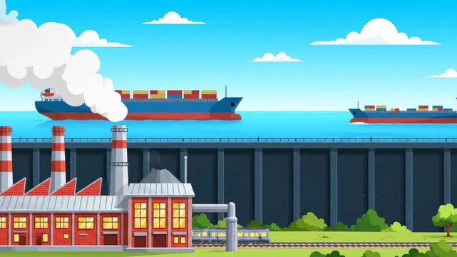 Trade Barrier Illustration: Factory, Ships, and Wall - Cartoon illustration depicting a factory and train next to a large wall, symbolizing a trade barrier, with cargo ships on the ocean beyond.