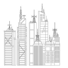 Black and white line art of city skyline with modern skyscrapers and communication towers. Minimal urban architecture illustration.