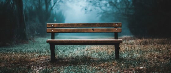 Wooden bench in foggy park setting solitude rest and tranquility