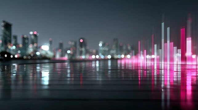 Abstract Glowing 3D Bar Chart Over Cityscape at Night with Blue and Pink Holographic Effect