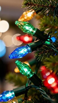 Colorful string lights illuminating a festive scene, showcasing vibrant blue, green, yellow, and red bulbs nestled among lush evergreen branches, creating a warm and inviting holiday atmosphere