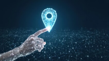A hand points to a glowing, digital location marker.  A network of interconnected points surrounds it