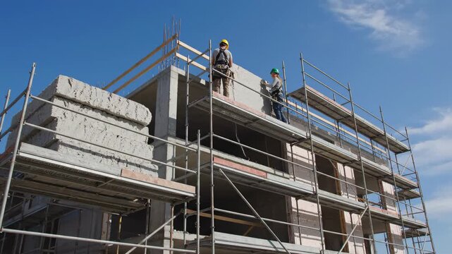 Apartment Building Insulation: Workers on Scaffolding - Two construction workers install thick slabs of rock mineral wool insulation on the exterior walls of a multi-story apartment building under