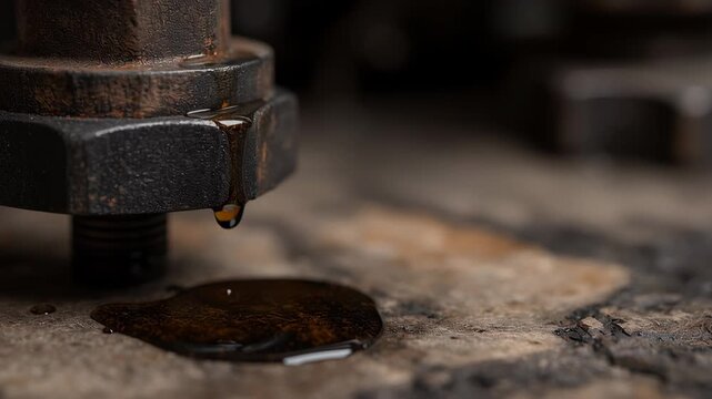 Close-up of oil leak dripping from industrial fitting onto concrete floor