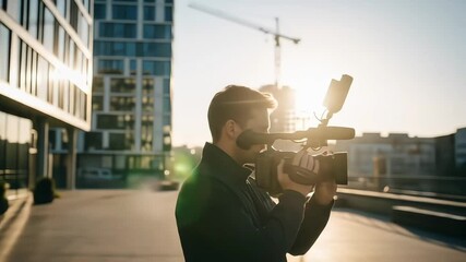 A videographer captures footage of a cityscape at sunset. - Powered by Adobe