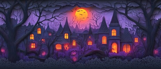 Enchanted halloween village night scene paper cut style illustration