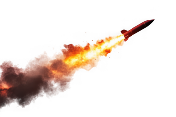 Red missile launching with bright orange fire and dark smoke isolated on a transparent background rocket