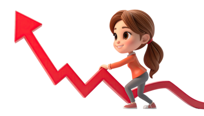 Cartoon girl pushing upward trend graph