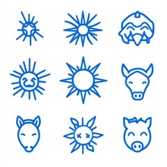 Modern illustration featuring a falling star, sun, pig zodiac symbol, and horse icon, all set in a line
