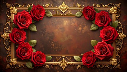 Ornate gold frame, red roses, brown background