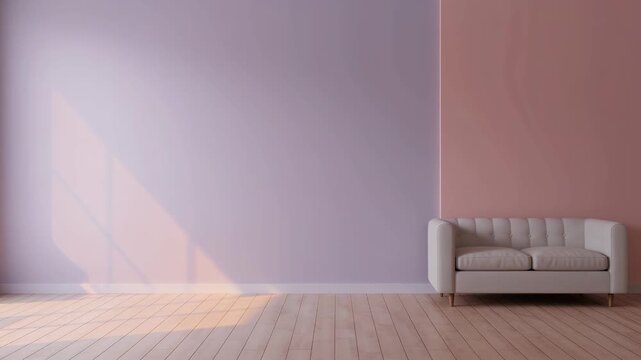 Empty interior room with a beige sofa and changing sunlight shadows on the wood floor and two-tone wall, architectural design footage.