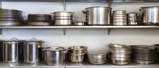 Stainless steel cookware and tableware on metal shelf
