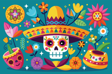 Celebration of color and culture with a vibrant skull and floral design inspired by Mexican traditions