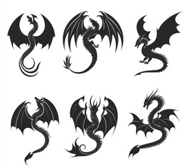 A collection of dragon silhouettes is presented in a black and white illustration, serving as a stylized symbol, sign, logo, or modern emblem