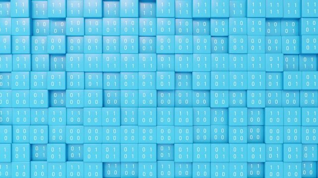Abstract blue cubes with binary code, technology, big data. Machine learning, AI, artificial intelligece, science, code, encryption. 3D animation