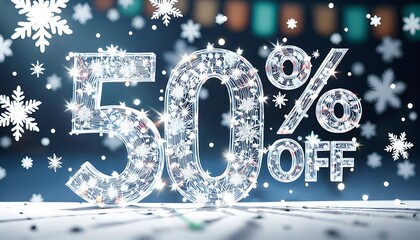 Fototapeta premium 50% DISCOUNT banner, sparkling inscription with snowflakes, winter sale
