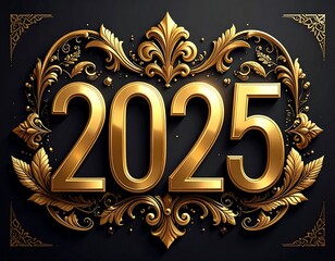 Ornate gold numerals 2025 in a dark frame
