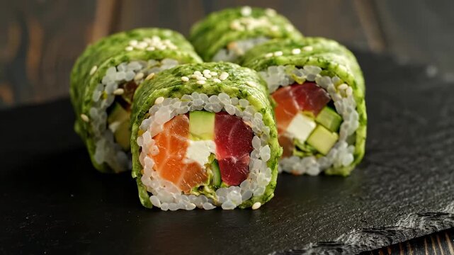 Delicious Green Nori Sushi Rolls - Close-up shot of four green nori sushi rolls filled with salmon, tuna, avocado, and cheese, elegantly arranged on a dark slate plate.