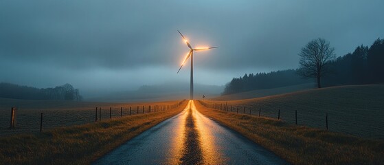 Illuminated wind turbine on misty road at night