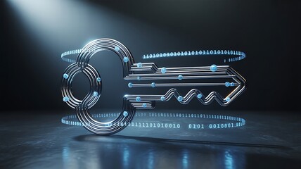 Digital key with binary code and blue accents technology