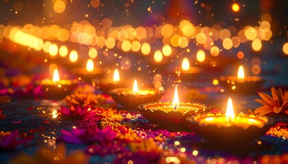 Obraz premium Magical Diwali celebration with vibrant rangoli illuminated by glowing candles, gentle sparkles floating in the air, creating a dreamy festive atmosphere in detail. 